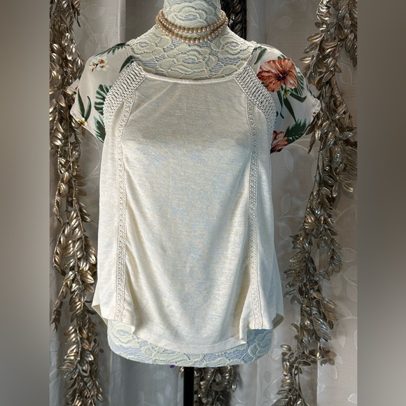 Miss Me Floral Sleeve Boho Blouse Small Ivory Tropical Print crochet Detail - Picture 1 of 9